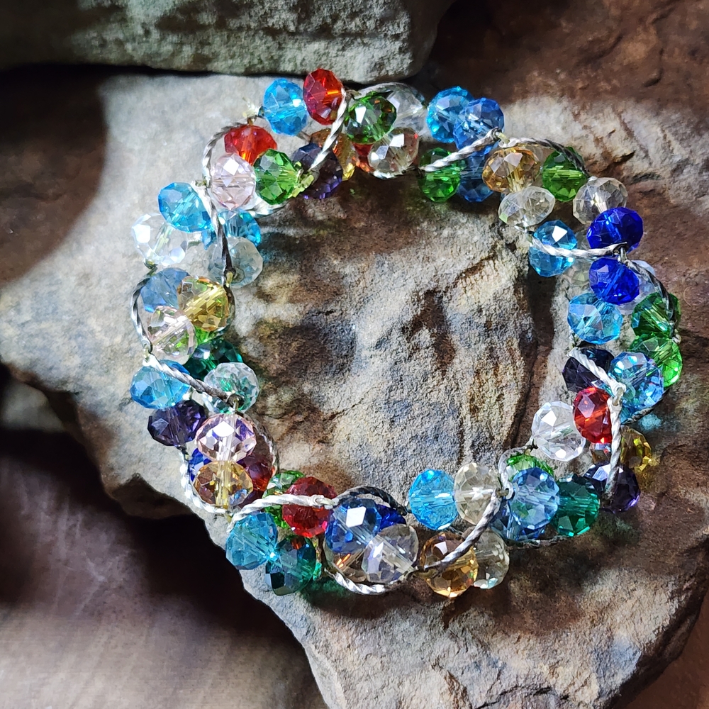 Chunky Multicolor Crystal Wire-Wrapped  Beaded Stretch Bracelet - Picture 6 of 8